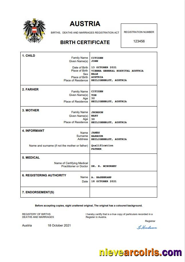 Austria vital record birth certificate